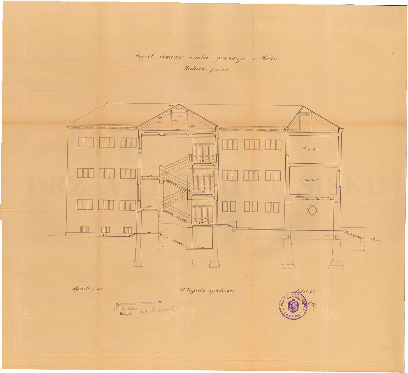 Projekt Državne realne gimnazije u Sisku – uzdužni presjek, 1929.