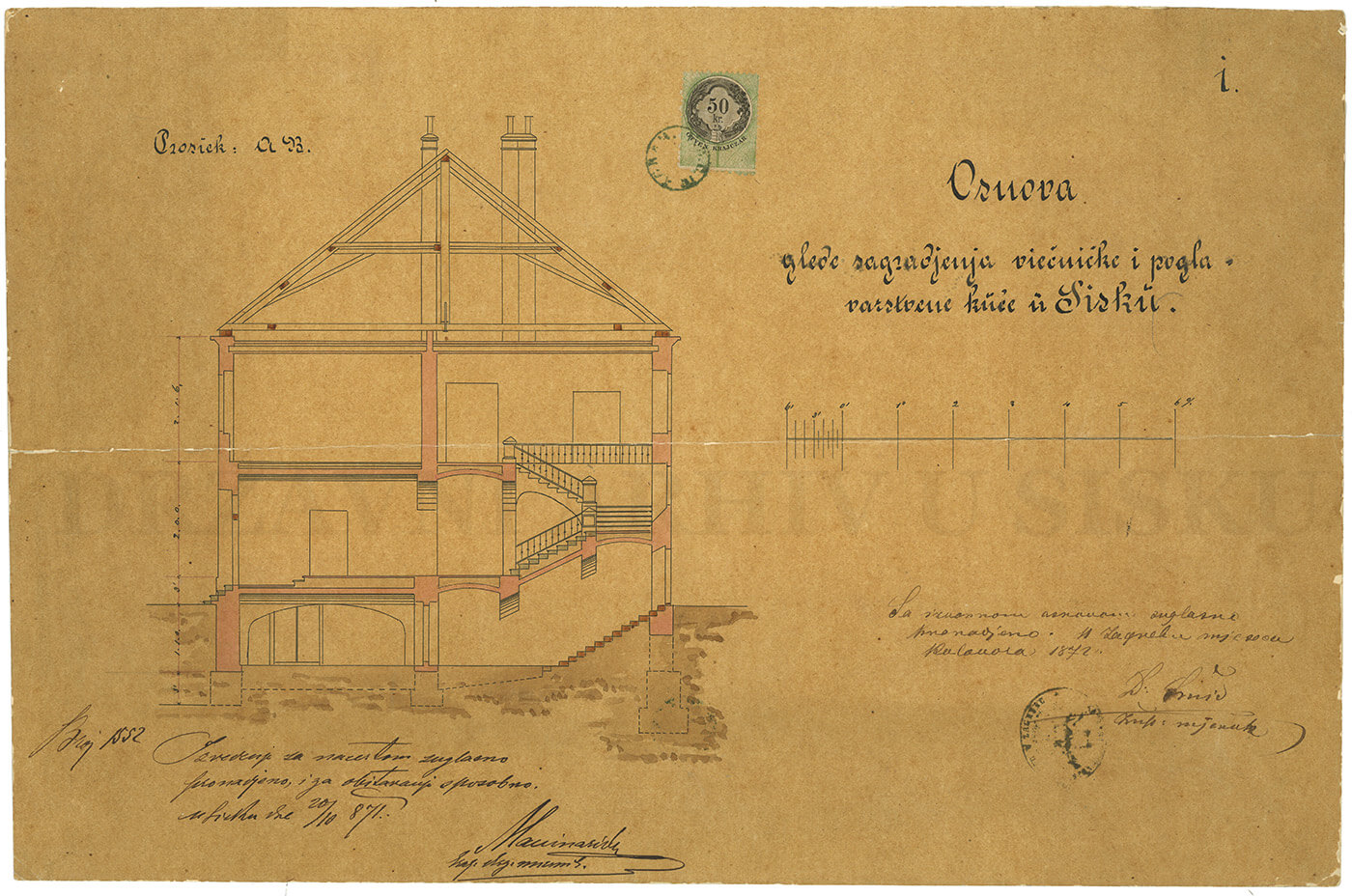 Nacrt vijećničke i poglavarstvene kuće u Sisku, 1872.