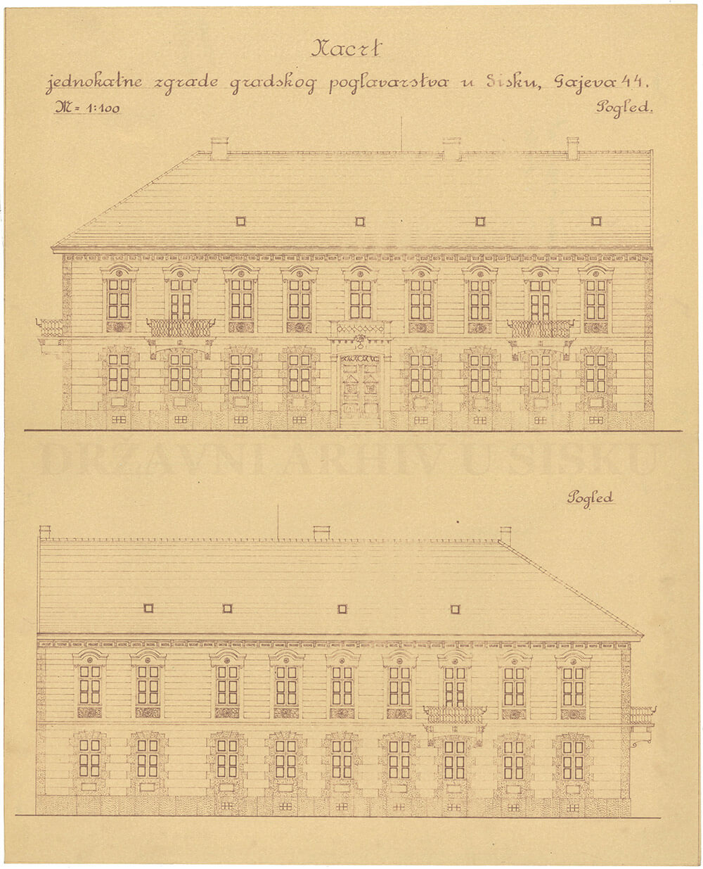 Nacrt jednokatne zgrade Gradskog poglavarstva u Sisku, 1933.