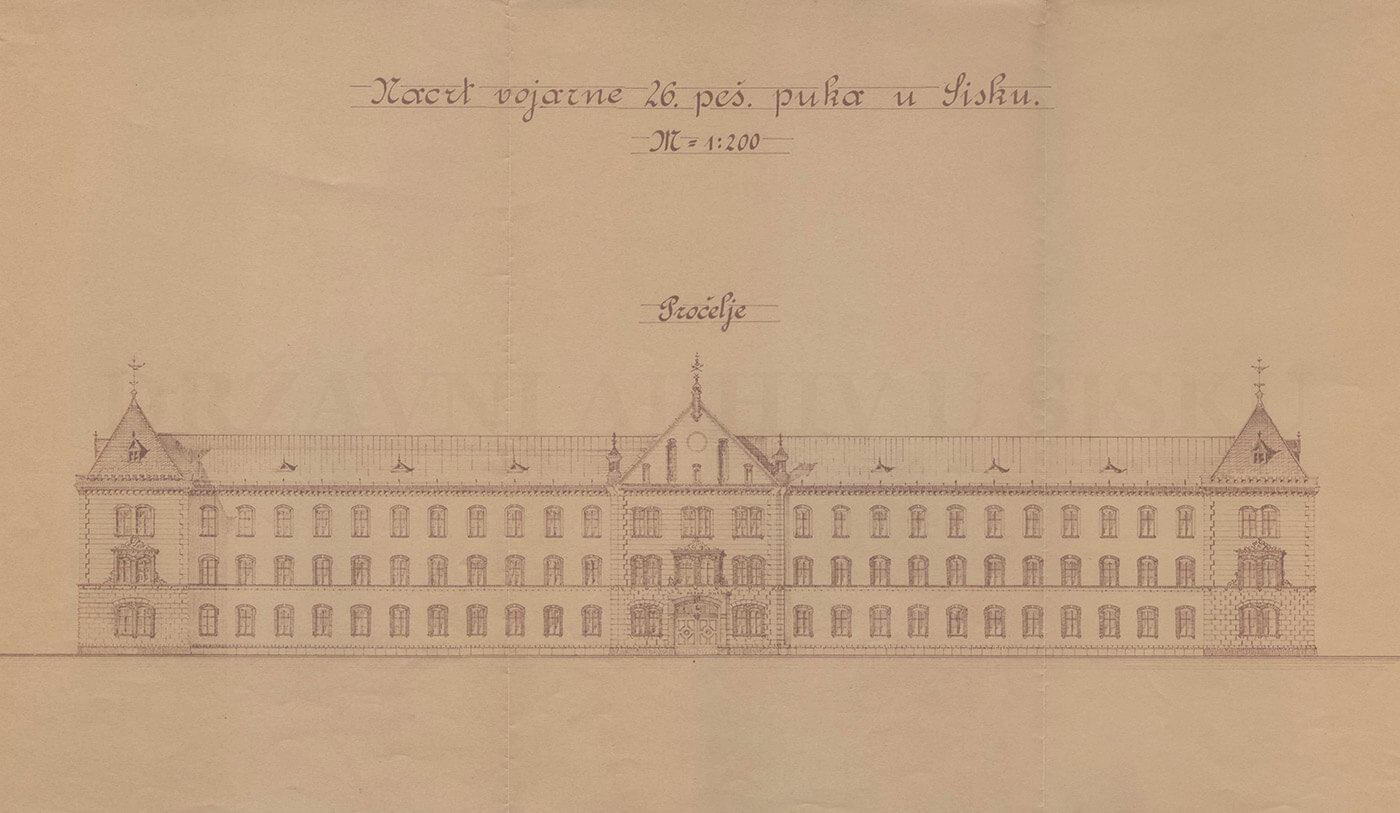 Nacrt pročelja vojarne u Sisku, 1892.