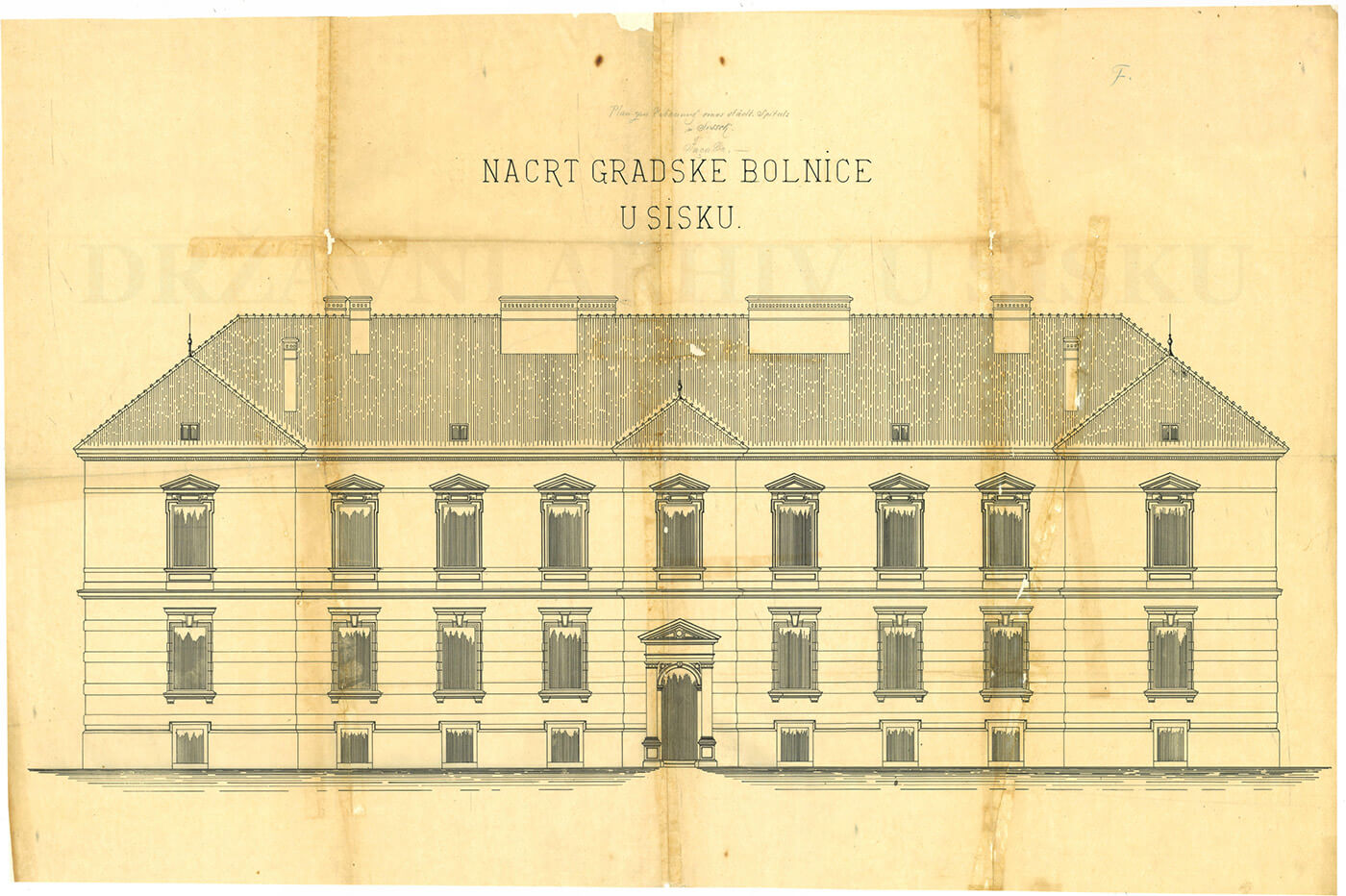 Nacrt pročelja zgrade Gradske opće javne bolnice u Sisku oko 1895.