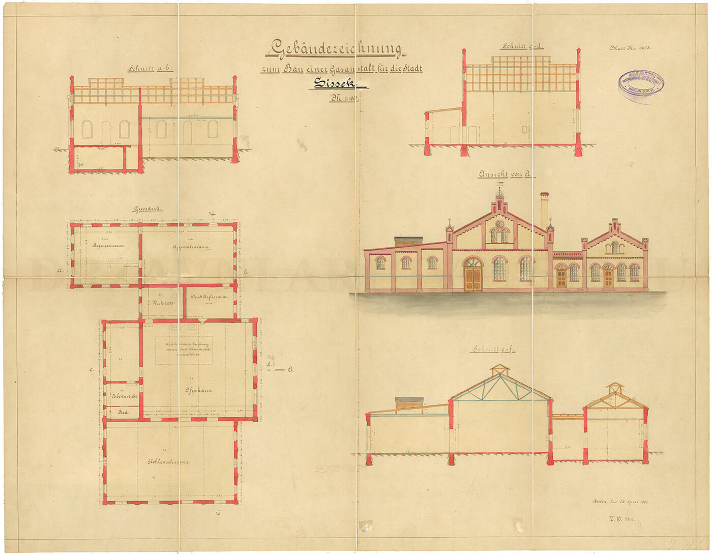 Nacrt (idejni) zgrade Plinare u Sisku, 1901.