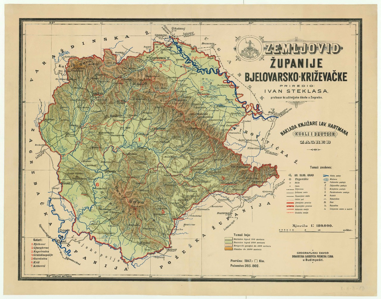 Zemljovid Županije bjelovarsko - križevačke, oko 1888. Zbirka Karte i planovi 19. stoljeća