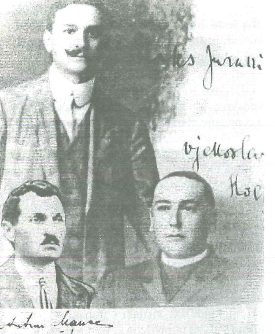 Fotografija utemeljitelja Hrvatske vinarske zadruge moslavačkih vinogradara u Voloderu: Vjekoslav Koch, Maksimilijan Juranić i Antun Mance