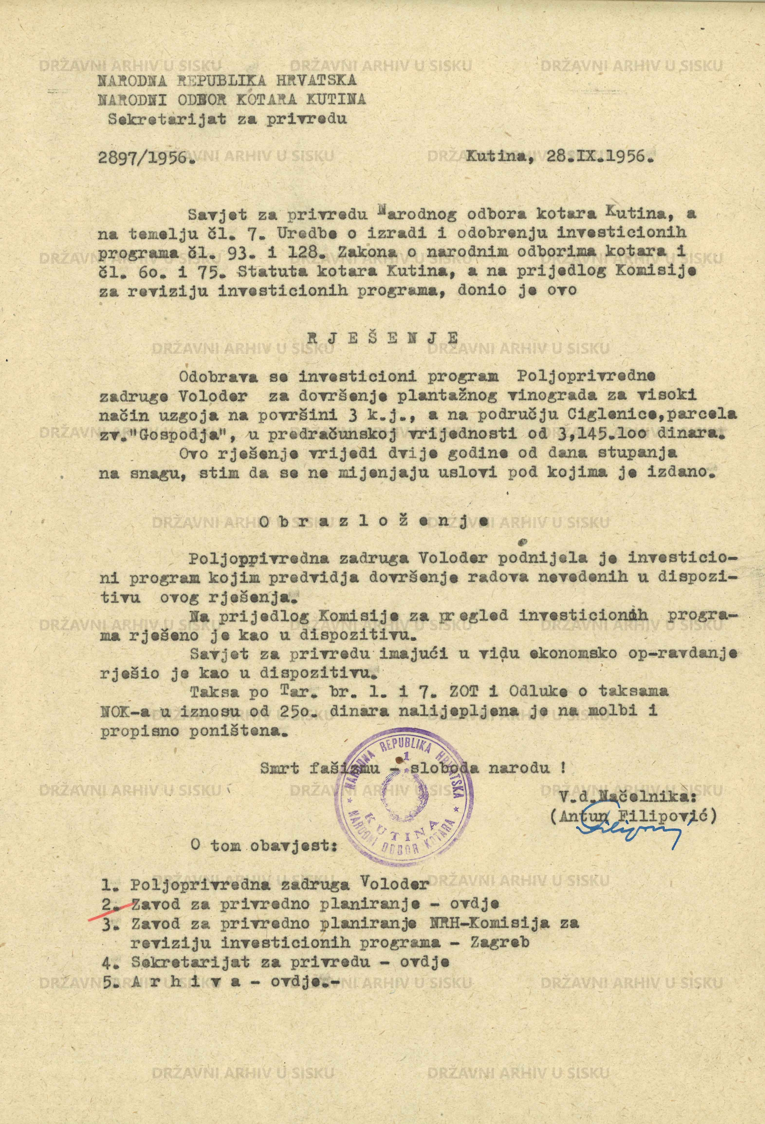 Rješenje o investicijskom programu podizanja vinograda OPZ Voloder, 1956. - 1