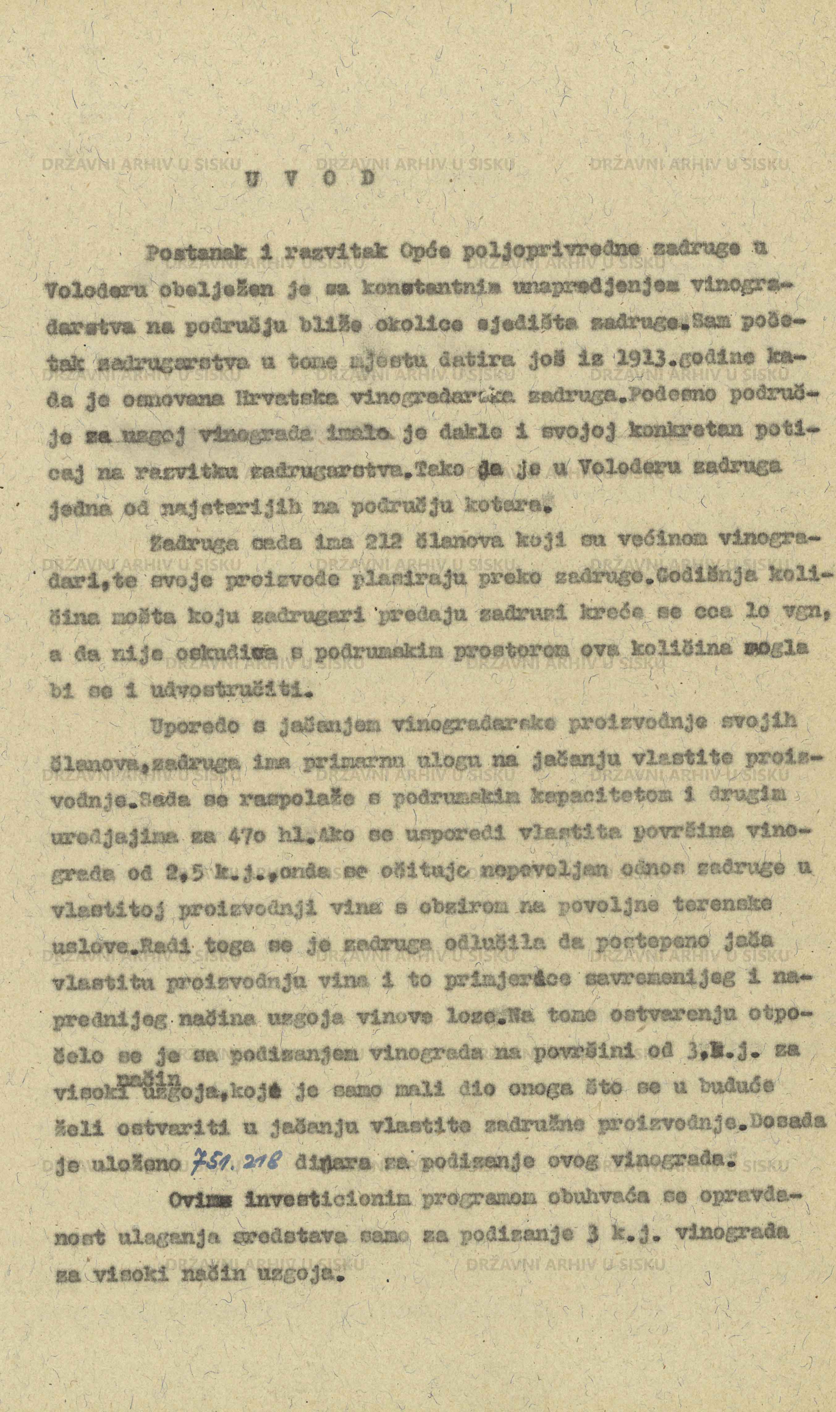 Rješenje o investicijskom programu podizanja vinograda OPZ Voloder, 1956.