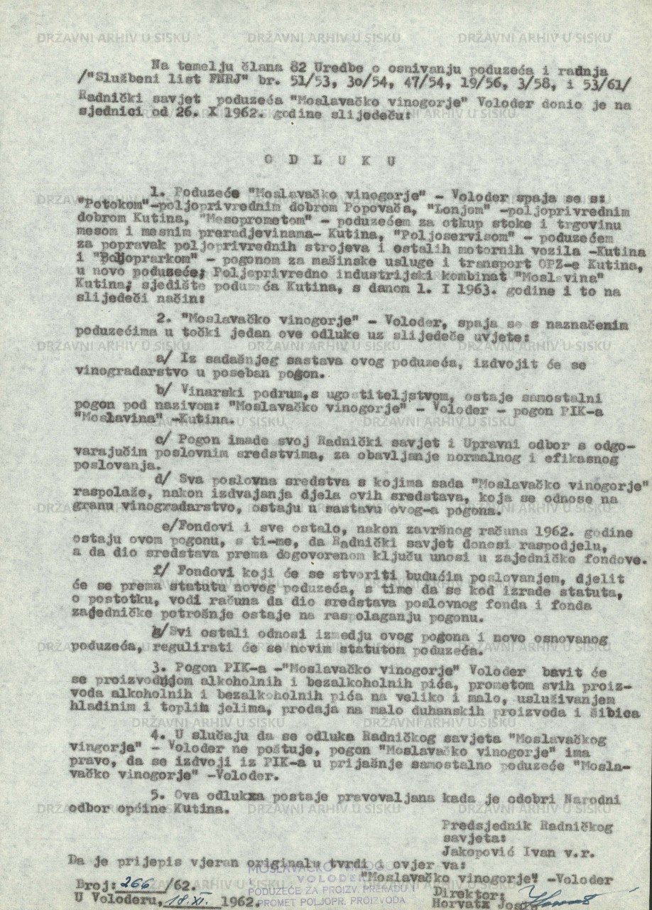 Odluka Radničkog savjeta poduzeća Moslavačkog vinogorja - Voloder o spajanju u Poljoprivredni industrijski kombinat – Moslavina, 1962.