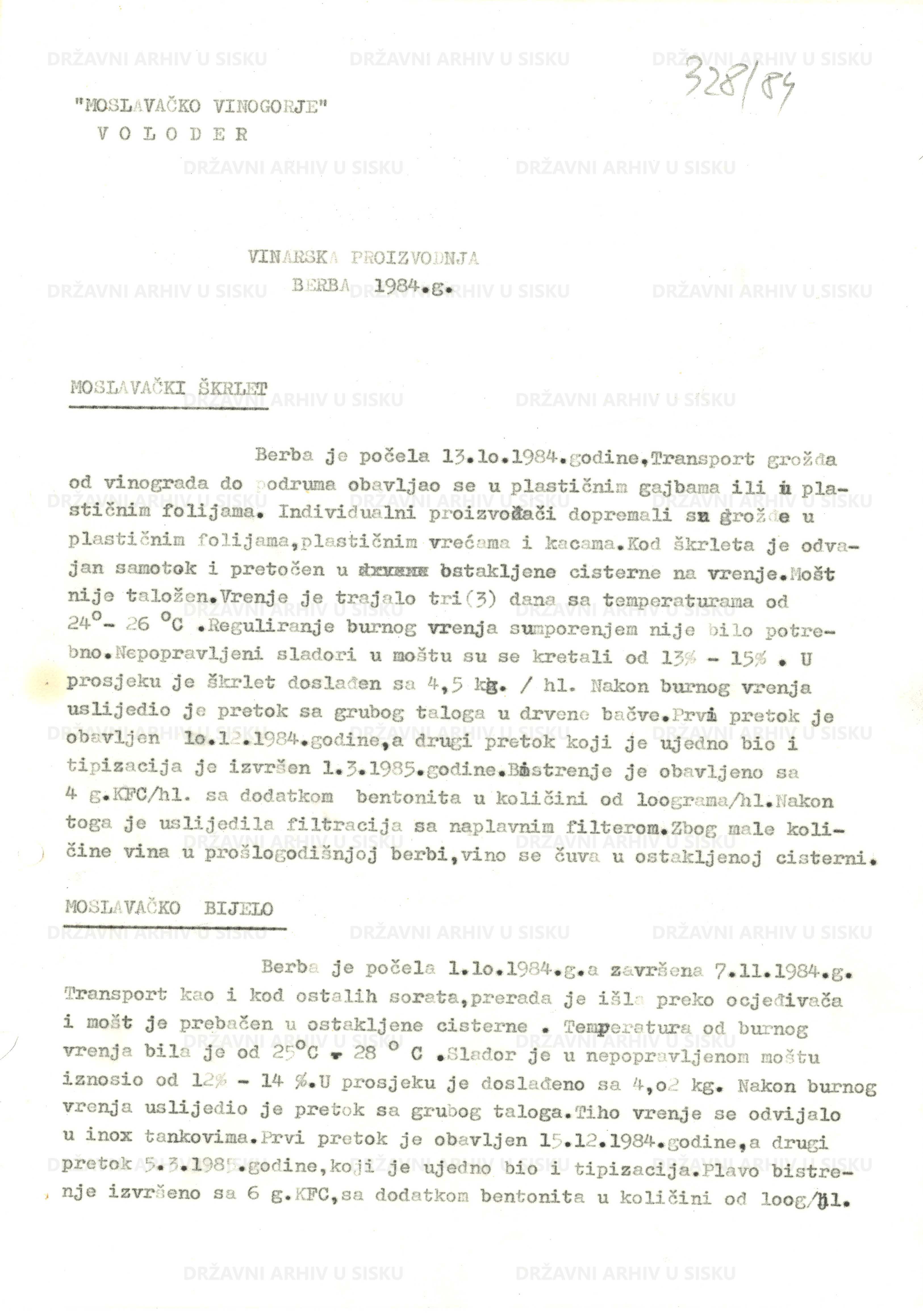 Izvještaj Moslavačkog Vinogorja - Voloder o vinarskoj proizvodnji i berbi iz 1984. - 1