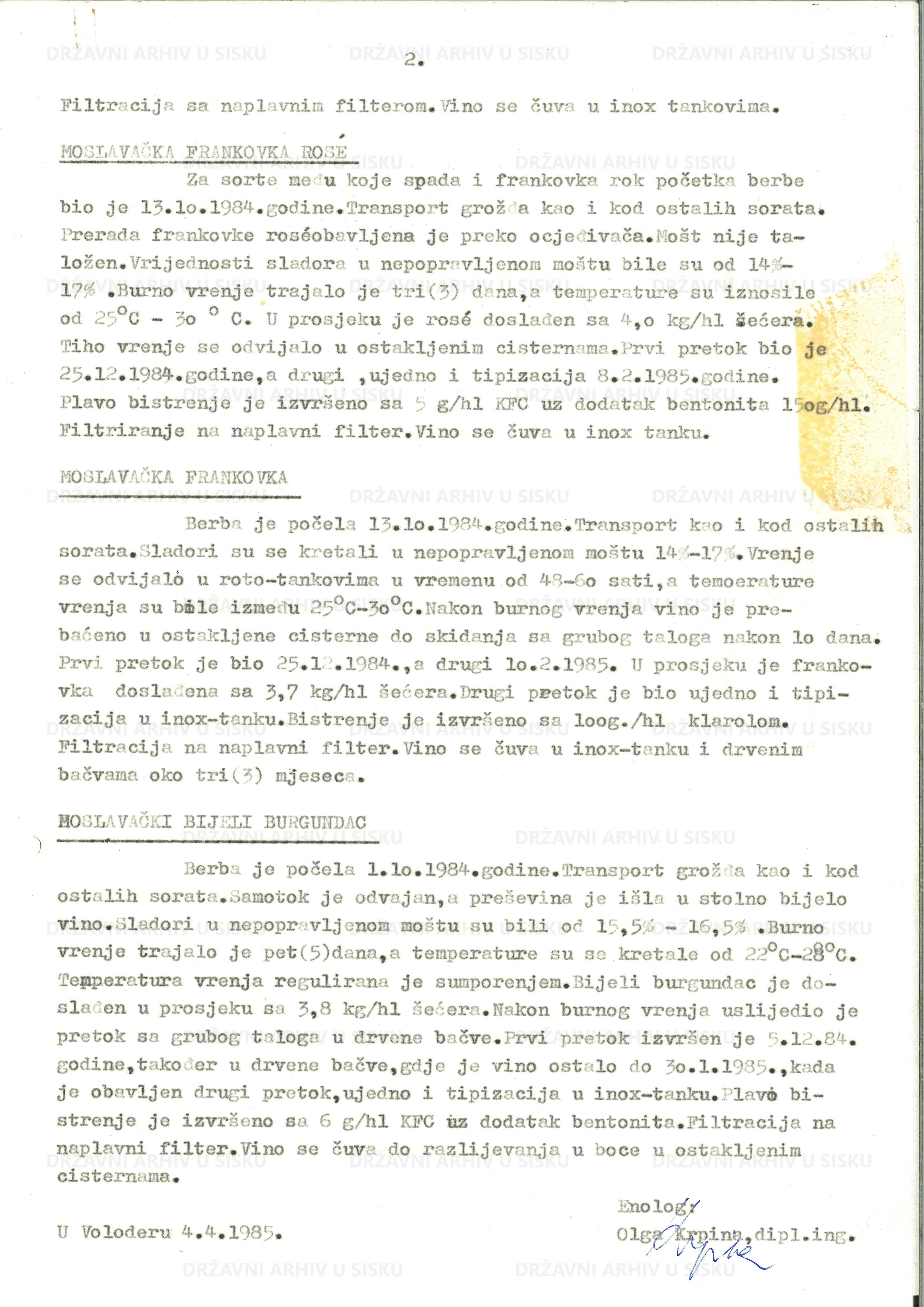 Izvještaj Moslavačkog Vinogorja - Voloder o vinarskoj proizvodnji i berbi iz 1984. - 2