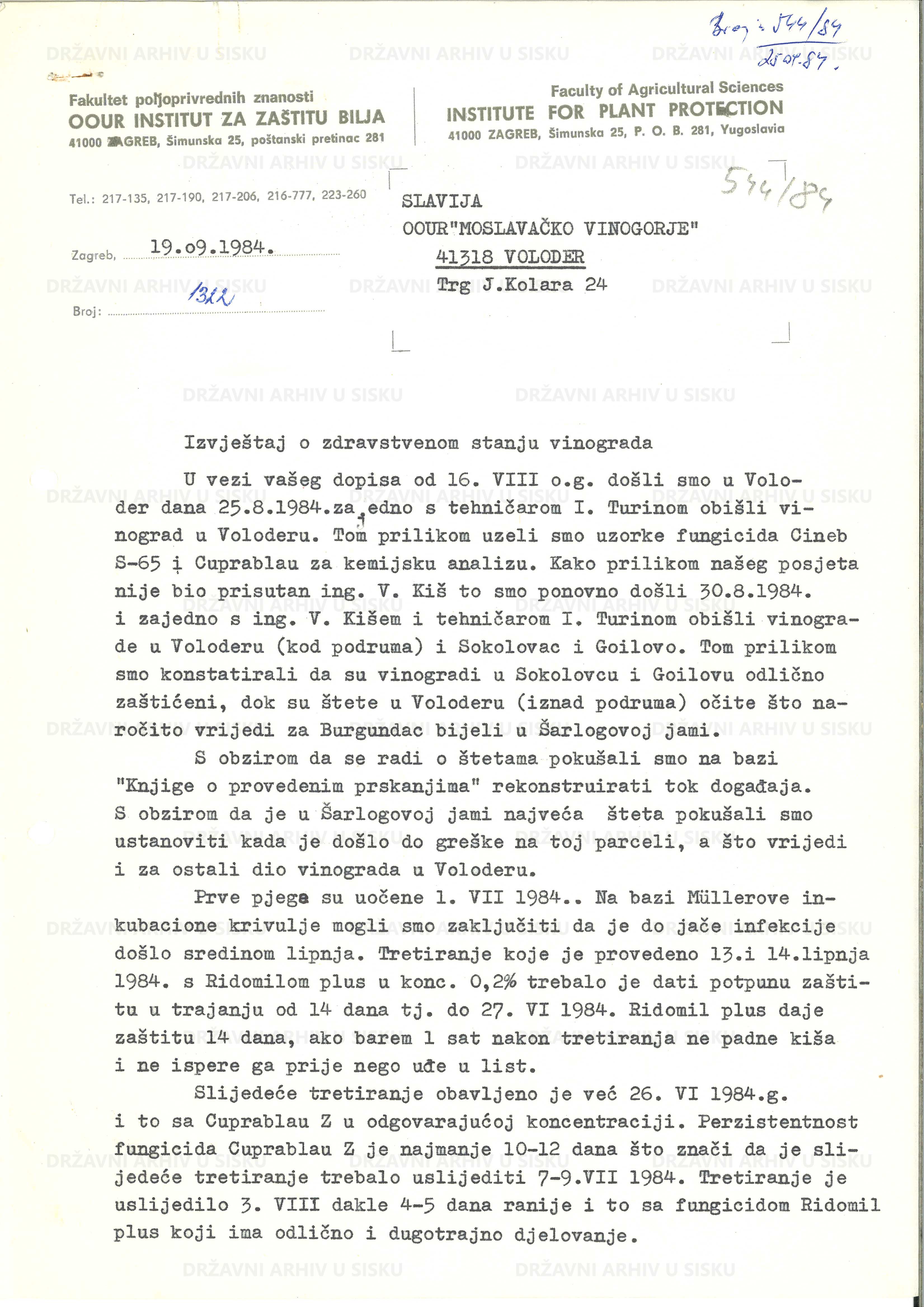 Izvještaj o zdravstvenom stanju vinograda Moslavačkog vinogorja u Voloderu, 1984. - 1